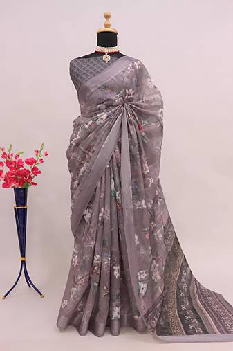 Brown leaf digital printed linen cotton saree