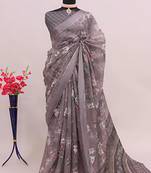 Brown leaf digital printed linen cotton saree