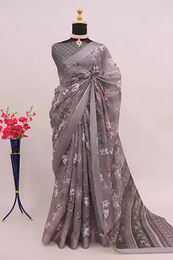 Brown leaf digital printed linen cotton saree