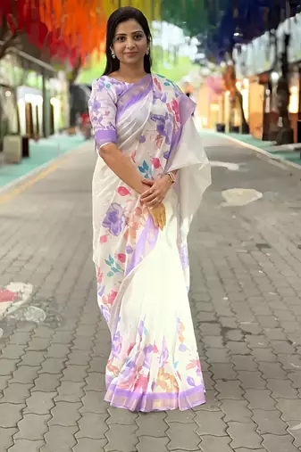 White leaf digital printed linen cotton saree