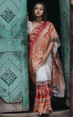 White leaf digital printed linen cotton saree 1