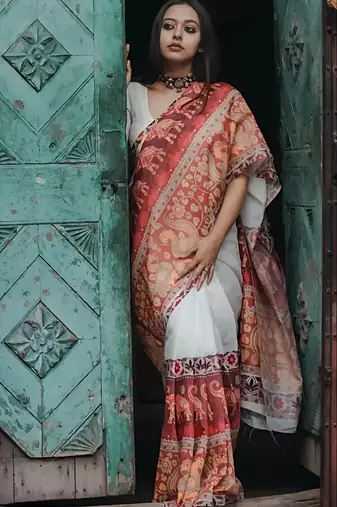 White leaf digital printed linen cotton saree