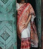 White leaf digital printed linen cotton saree