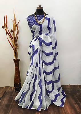 White leaf digital printed linen cotton saree 1