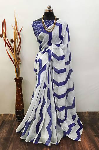 White leaf digital printed linen cotton saree