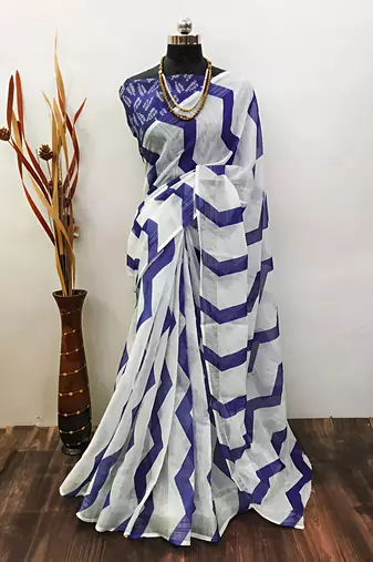 White leaf digital printed linen cotton saree