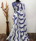 White leaf digital printed linen cotton saree
