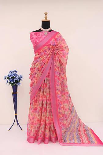 Pink leaf digital printed linen cotton saree