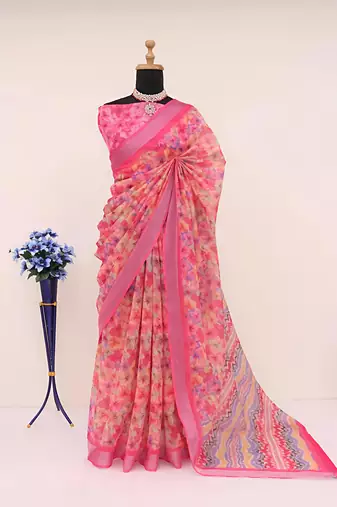 Pink leaf digital printed linen cotton saree