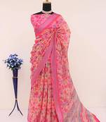 Pink leaf digital printed linen cotton saree