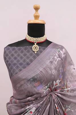 Brown leaf digital printed linen cotton saree 3