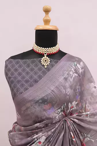 Brown leaf digital printed linen cotton saree