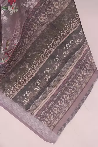 Brown leaf digital printed linen cotton saree