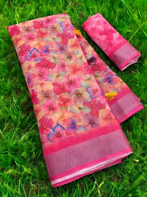 Pink leaf digital printed linen cotton saree 3