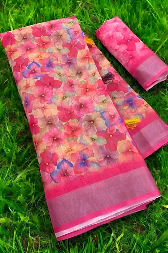 Pink leaf digital printed linen cotton saree