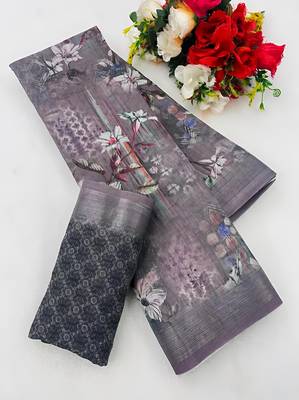 Brown leaf digital printed linen cotton saree 5