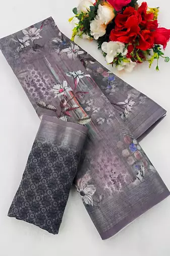 Brown leaf digital printed linen cotton saree