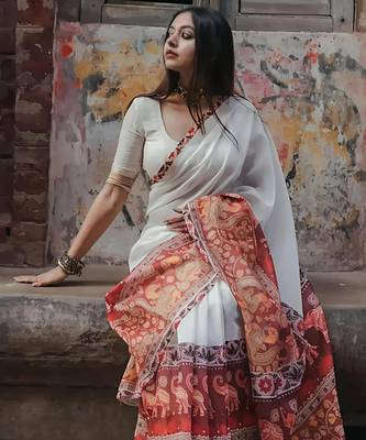 White leaf digital printed linen cotton saree 3