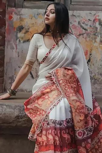 White leaf digital printed linen cotton saree