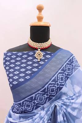 Blue leaf digital printed linen cotton saree 1