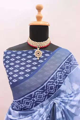 Blue leaf digital printed linen cotton saree