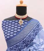 Blue leaf digital printed linen cotton saree