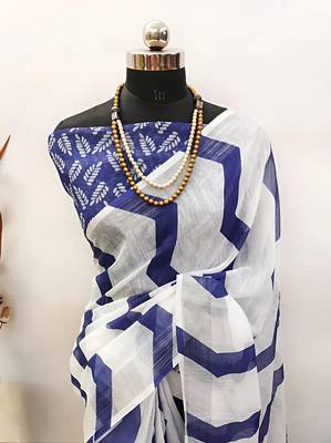White leaf digital printed linen cotton saree 3