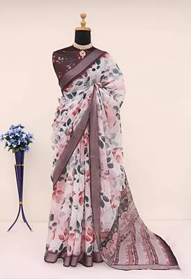 white leaf digital printed linen cotton saree 1