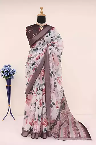 white leaf digital printed linen cotton saree