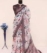 white leaf digital printed linen cotton saree