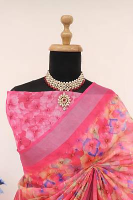 Pink leaf digital printed linen cotton saree 4