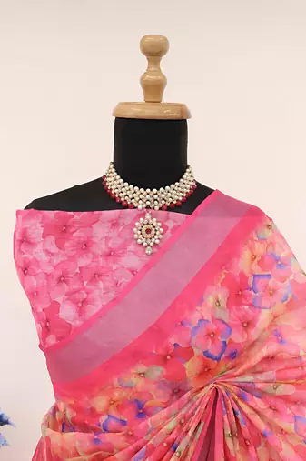 Pink leaf digital printed linen cotton saree