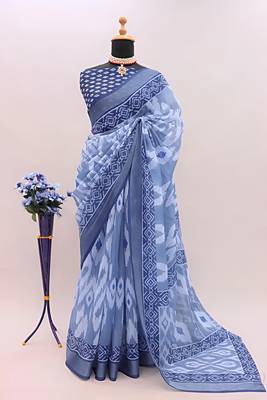 Blue leaf digital printed linen cotton saree 2