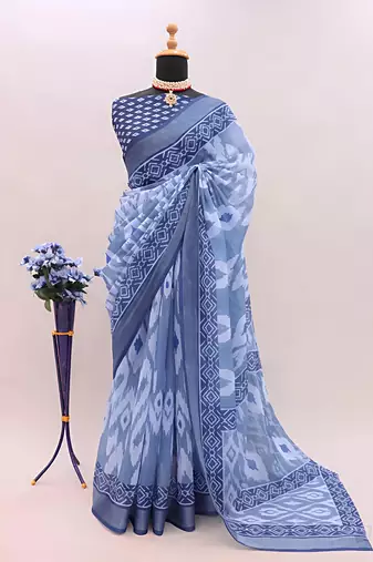 Blue leaf digital printed linen cotton saree