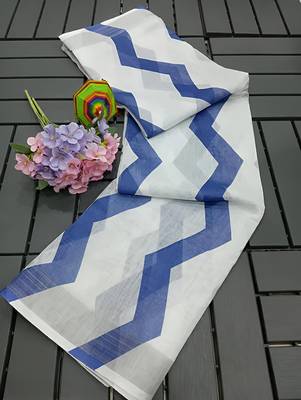 White leaf digital printed linen cotton saree 4