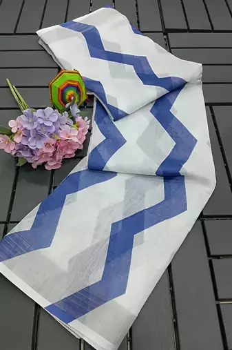 White leaf digital printed linen cotton saree