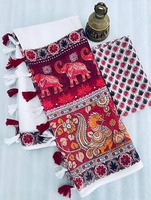 White leaf digital printed linen cotton saree 4