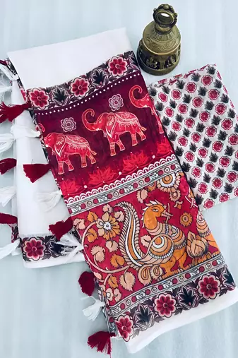 White leaf digital printed linen cotton saree