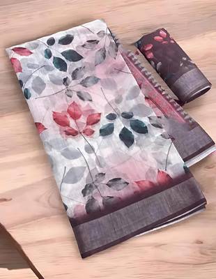 white leaf digital printed linen cotton saree 3