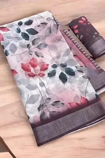 white leaf digital printed linen cotton saree