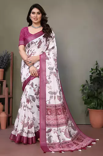 White leaf digital printed linen cotton saree with jhalar
