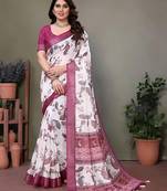 White leaf digital printed linen cotton saree with jhalar