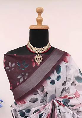 white leaf digital printed linen cotton saree 4
