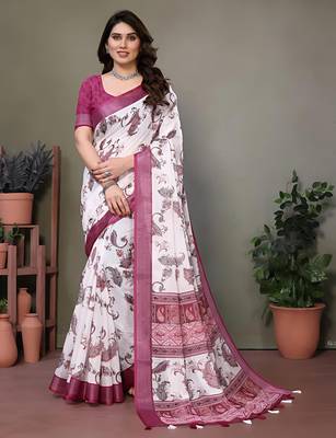White leaf digital printed linen cotton saree with jhalar 2