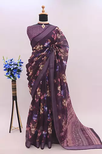 purple leaf digital printed linen cotton saree