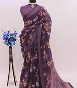 purple leaf digital printed linen cotton saree