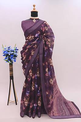 purple leaf digital printed linen cotton saree 2