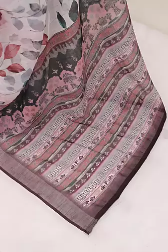 white leaf digital printed linen cotton saree