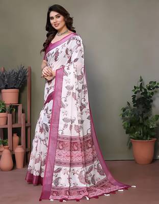 White leaf digital printed linen cotton saree with jhalar 3