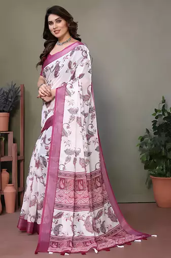 White leaf digital printed linen cotton saree with jhalar